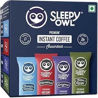 Sleepy Owl Premium Instant Coffee Sachets | 96 g - Pack of 48 Assorted Coffee Powder Sachets | 2g Each - Original, French Vanilla, Hazelnut, and Filter Kaapi - Flavoured Coffee | Makes 48 Cups