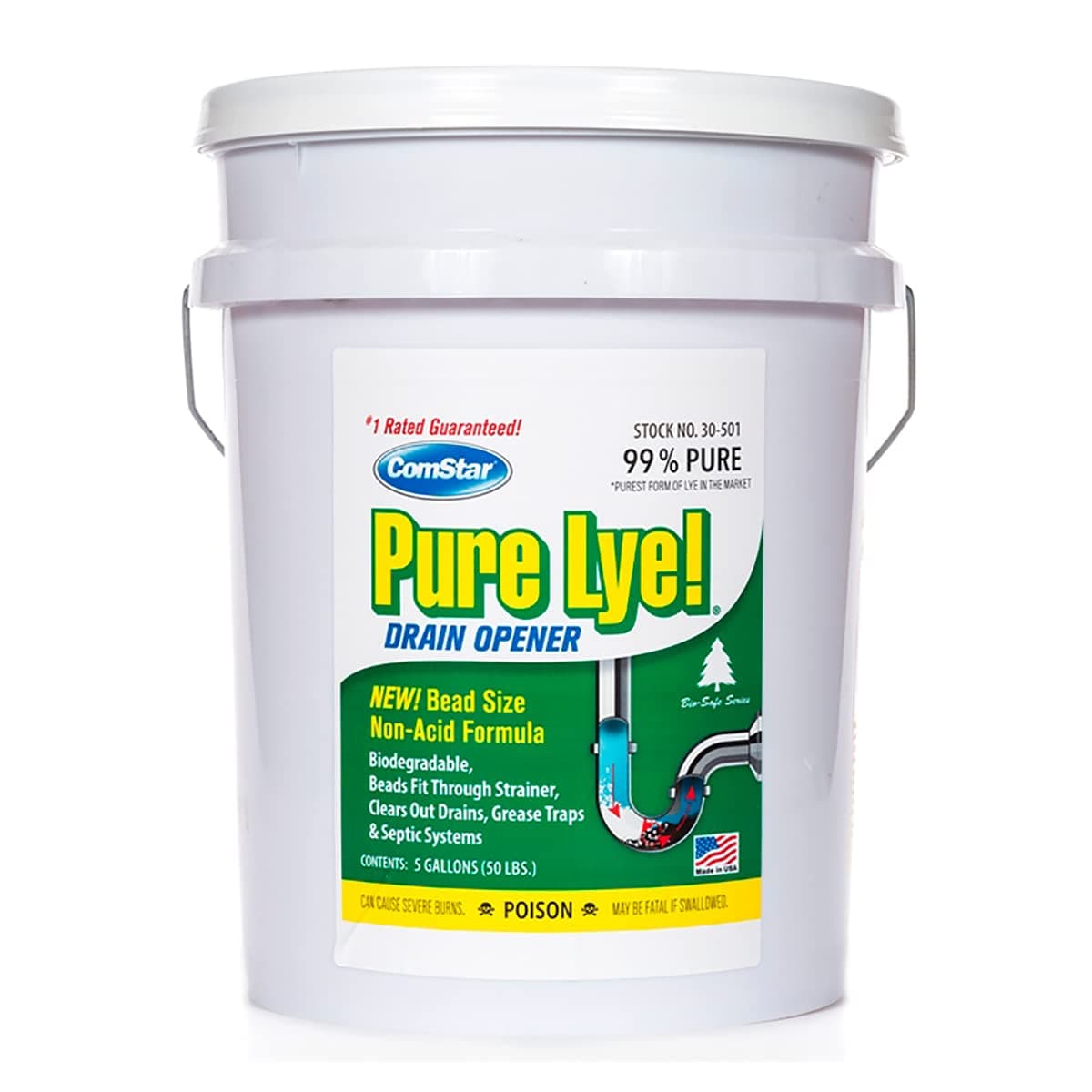 ComStar Pure Lye, 99% Pure Sodium Hydroxide Beads, Eco-Friendly, Industrial Strength, Biodegradable Drainer Opener, Safe On Fixtures, Static-Free, Unique Beads For Soap Making, 50 Pounds Pail (30-501)