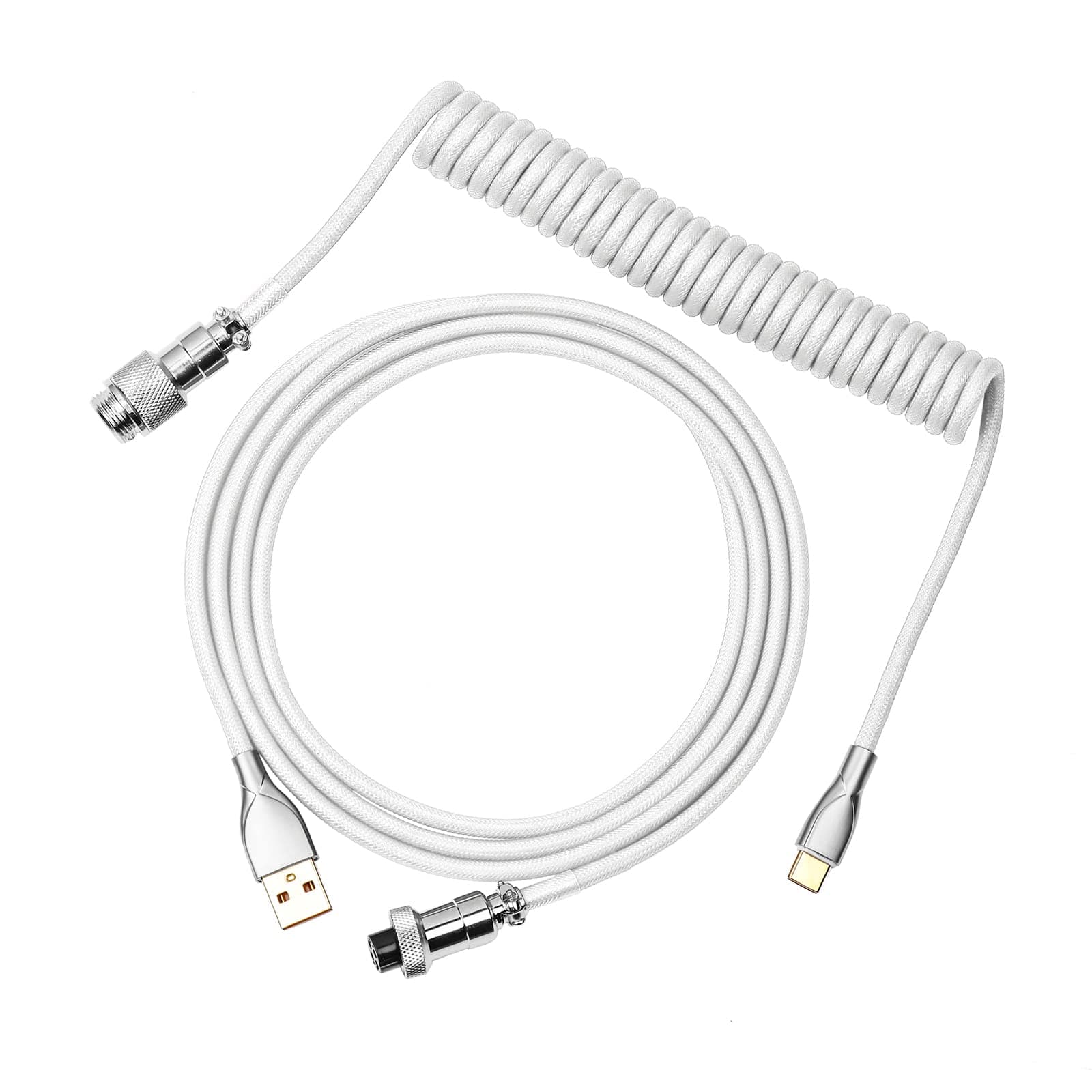 Mix 1.8m Coiled Type-C to USB A TPU Mechanical Keyboard Space Cable with Detachable Aviator Connector for Gaming Keyboard and Cellphone (White)