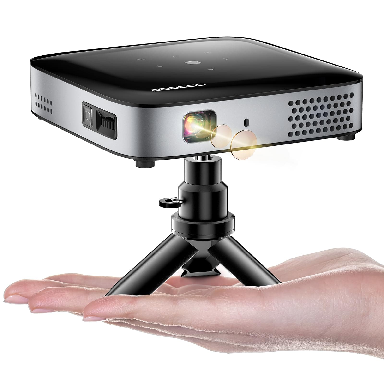 GooDee WiFi Bluetooth Mini Projector - 4K DLP Projector 1080P Support Pocket Pico Movie Projector with Tripod, Outdoor Video Portable Rechargeable Battery Short Throw for iPhone/Android
