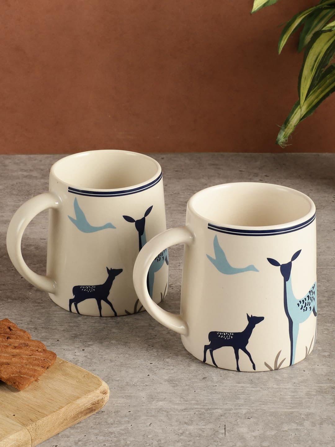 miah decor Ceramic Matte Printed Tea Coffee Mug Set of 2 Drinkware Microwave Safe Stoneware Cups for Home & Restaurant-350 ml-Cream Blue