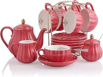 Porcelain Tea Sets British Royal Series, 8 OZ Cups& Saucer Service for 6, with Teapot Sugar Bowl Cream Pitcher Teaspoons and Tea Strainer, Suitable for High Tea, Wedding, Party (Watermelon Red)