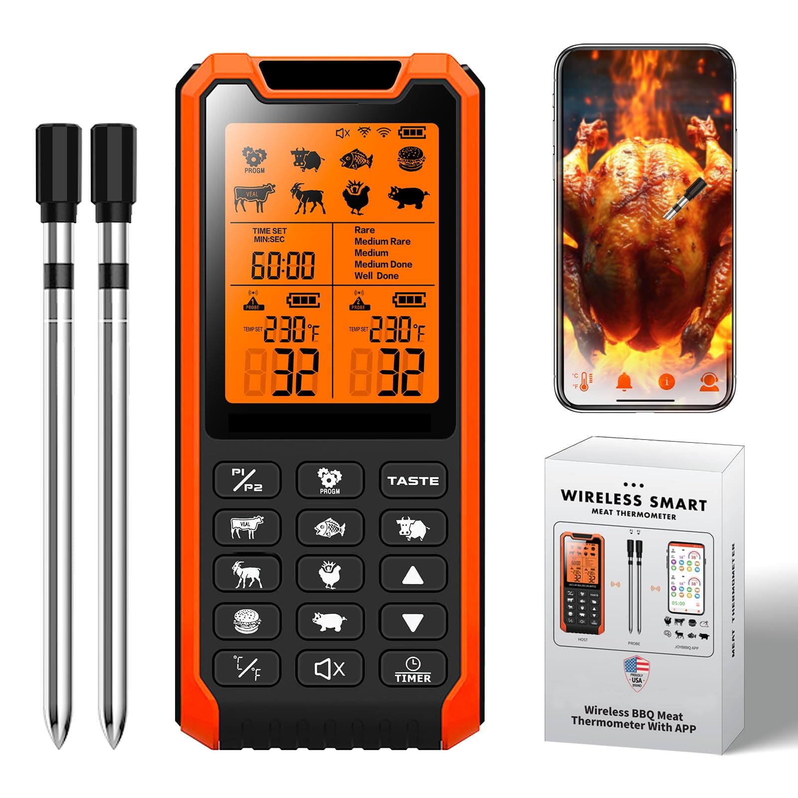 Smart Bluetooth Meat Thermometer - Long Range Wireless Food Thermometer, Digital Meat Thermometer with Dual Probes for BBQ Grill, Oven, Smoker, Air Fryer
