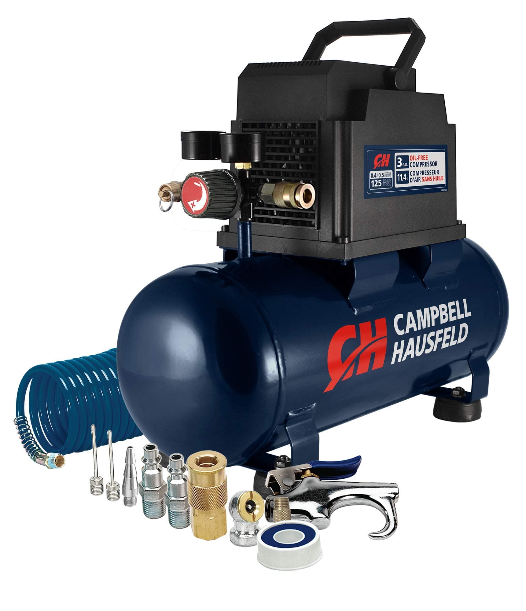 Campbell Hausfeld 3 gallon Air Compressor with Inflation Kit & Air Hose, 3 Gallon Portable w/Accessory Kit (DC030098)