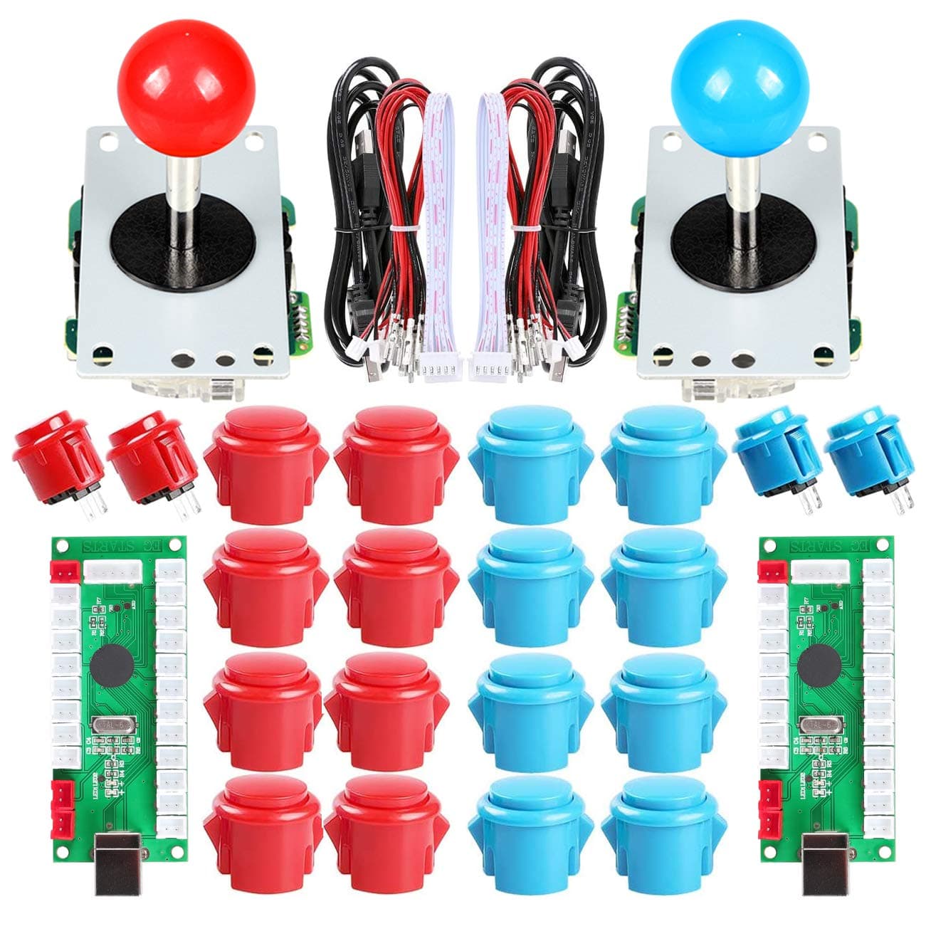 EG STARTS 2 Player USB Controller To PC Game 2x 5Pin Stick + 4x 24mm Push Button + 16x 30mm Buttons For Arcade Games DIY Kits Parts Mame SNK KOF & Red/Blue
