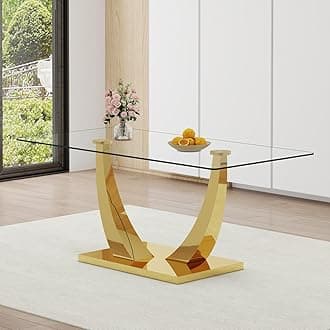 71” Glass Dining Table, Large Dining Room Table for 6-8, Gold Kitchen Table for Dining Room,0.4 Thickened Tempered Glass Top with Golden Rectangular Base
