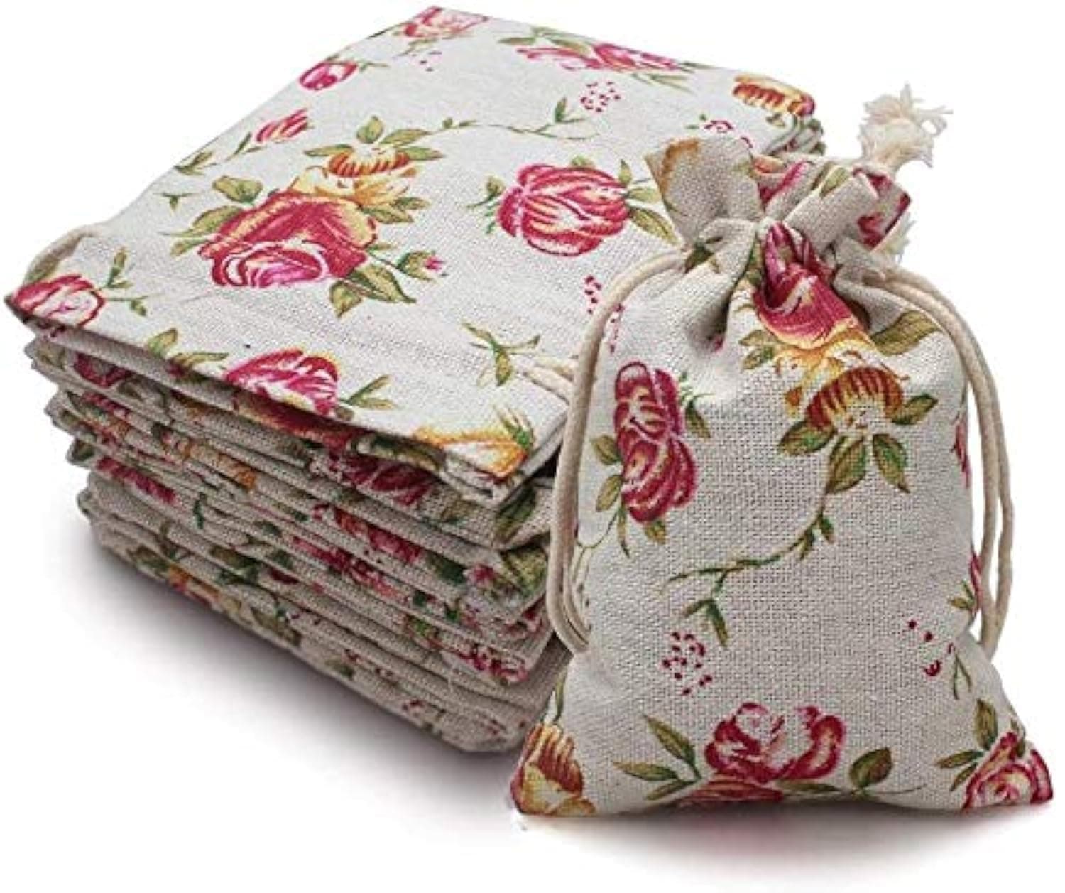 50 Pack Rose Double Drawstring Burlap Bags Gift Reusable Linen Bags Jewelry Pouches Sacks for Wedding Party Gift 4"x 5.5", Presents Festivals Mothers Day Gift