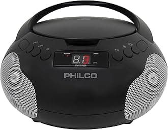 PhilcoPortable CD Player Boombox with Speakers and AM FM Radio | Black Boom Box Compatible with CD-R/CD-RW and Audio CD | 3.5mm Aux Input | Stereo Sound | LED Display | AC/Battery Powered