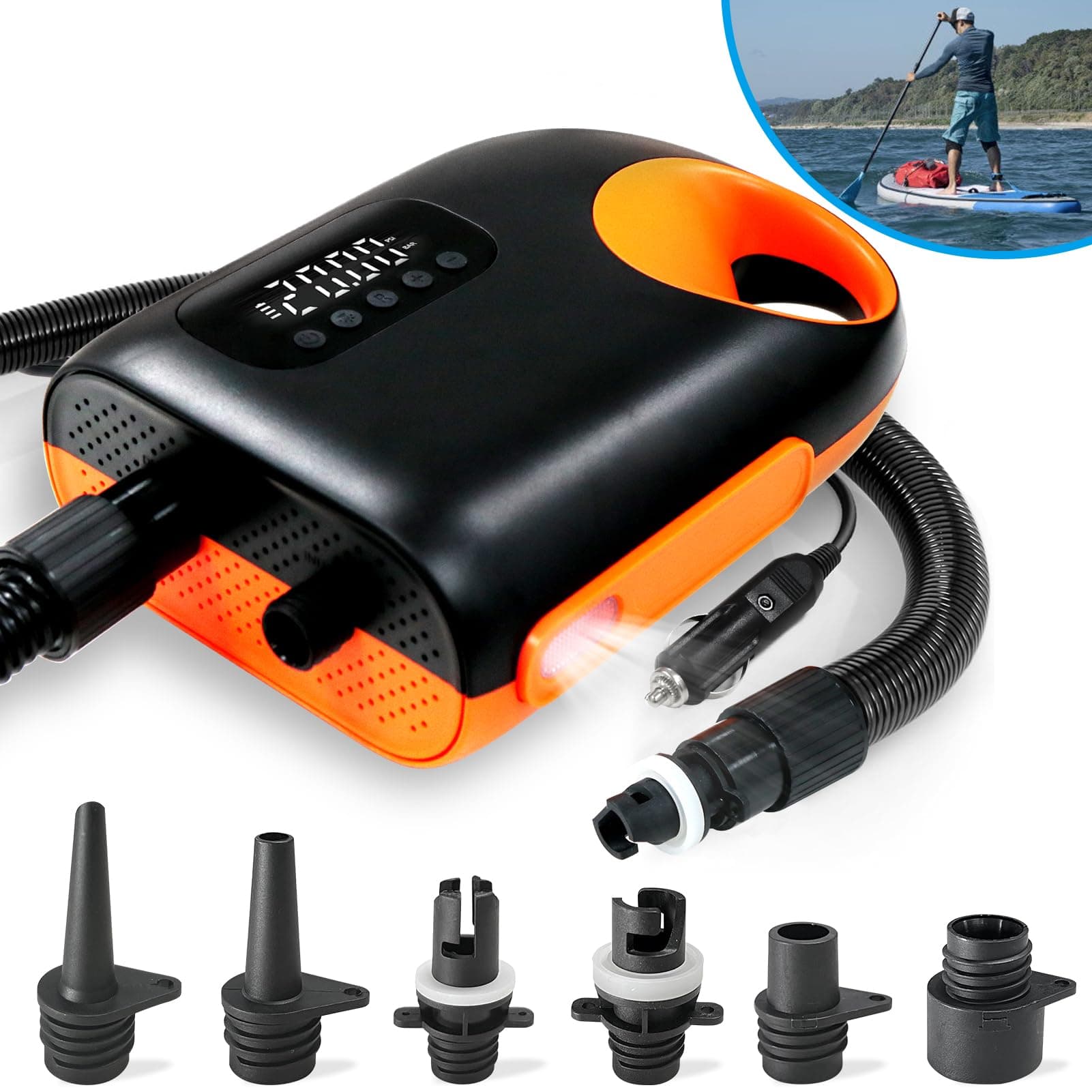 20PSI Paddle Board Pump-Portable Electric SUP Air Pump, Dual Stage Inflation & Deflation SUP Pump, 110W Paddleboard Pump with Auto-Off Function & 12V DC Car Connector for Paddle Board, Kayaks