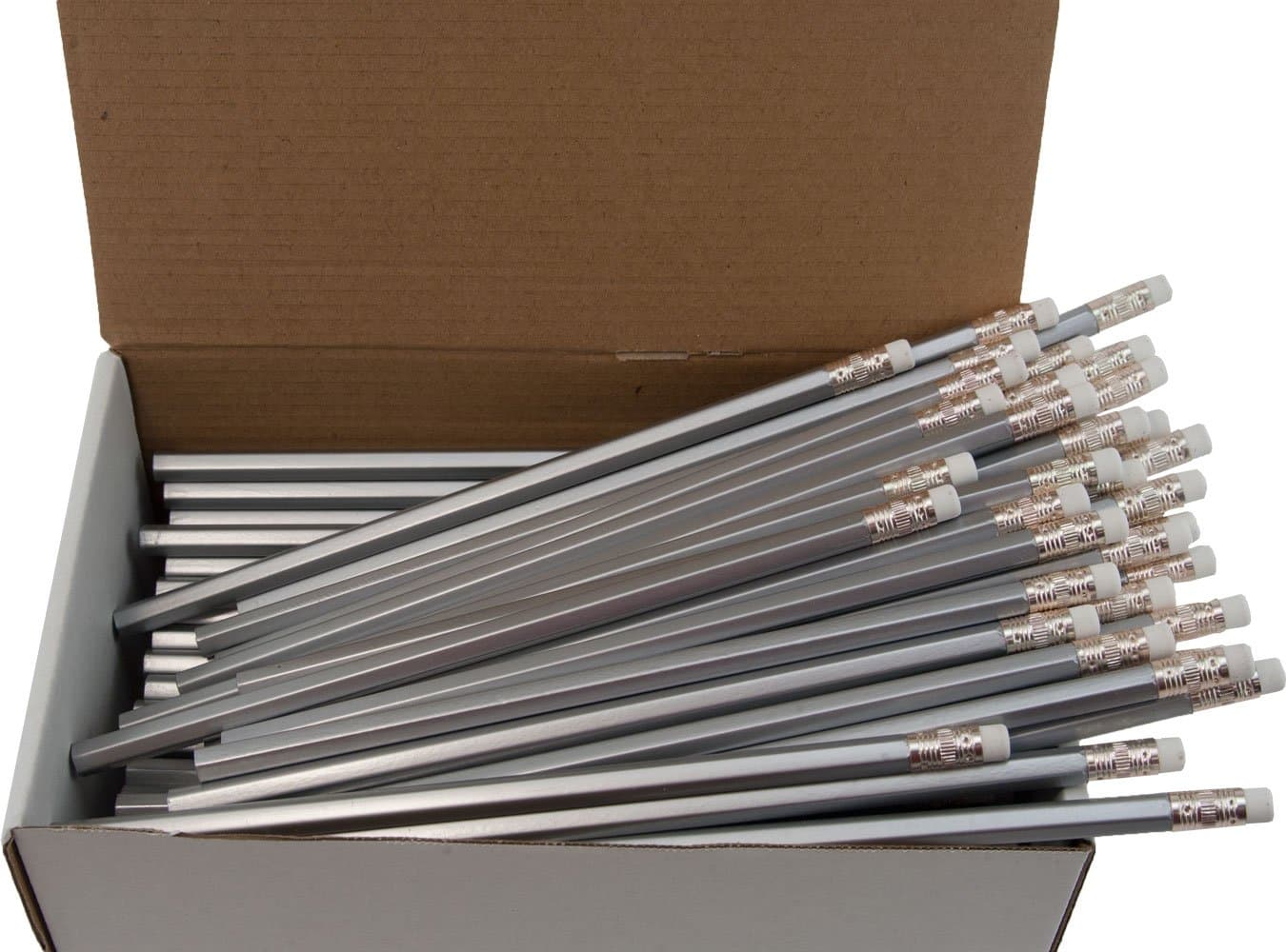 Hex Pencils (Full Size Hex Pencil with #2 Lead Available in a Variety of Colors) (Tested Non Toxic) (Latex Free Eraser) (Classroom Pencils) (Bulk Box of 144) (Silver)