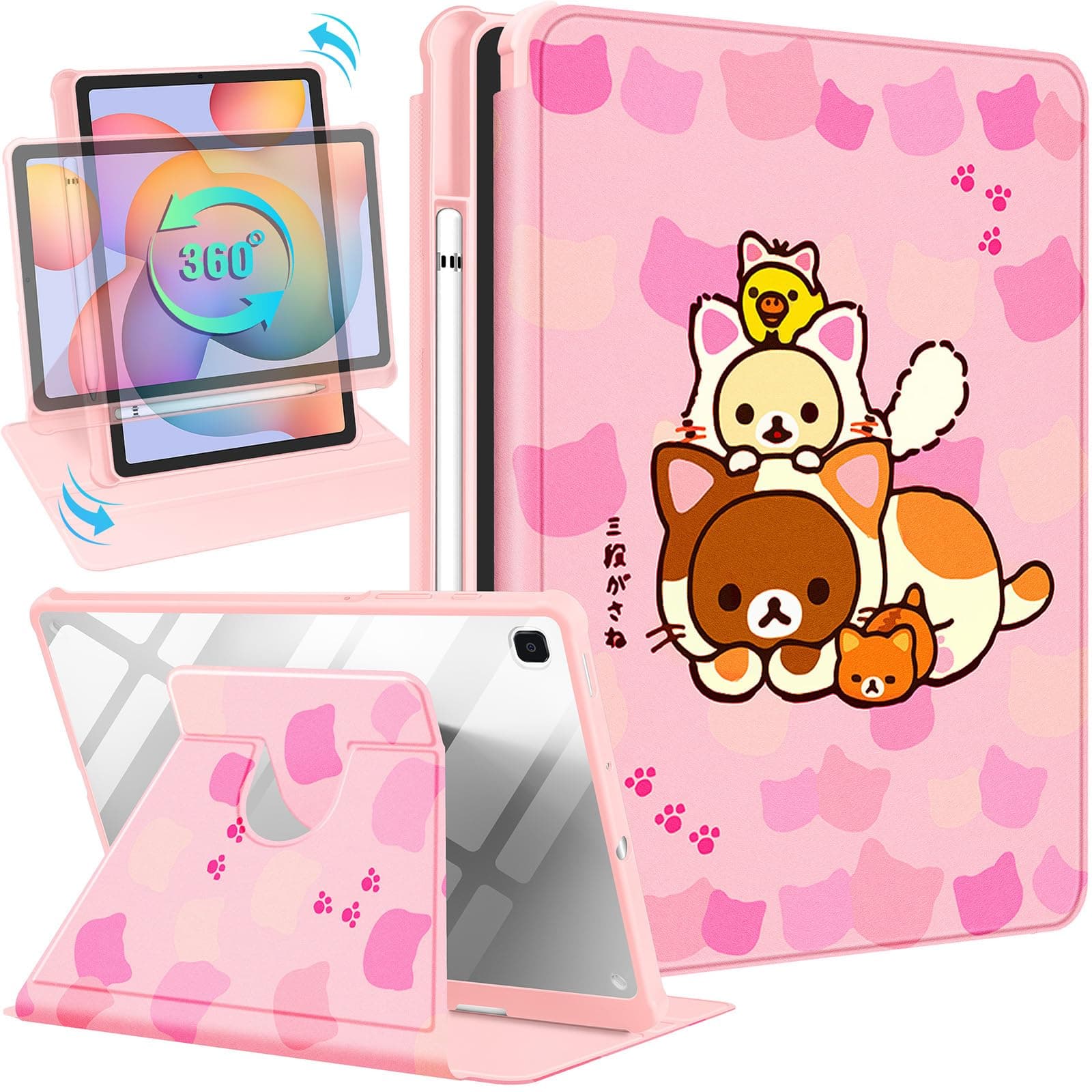 Trendy Fun for Galaxy Tab S6 Lite Case 10.4 inch 2024/2020/2022 for Girls Girly Kids Women Cartoon Cute Kawaii 360° Rotating Folio Stand Pencil Holder for Samsung Galaxy Tablet S6 Lite Cover Bear