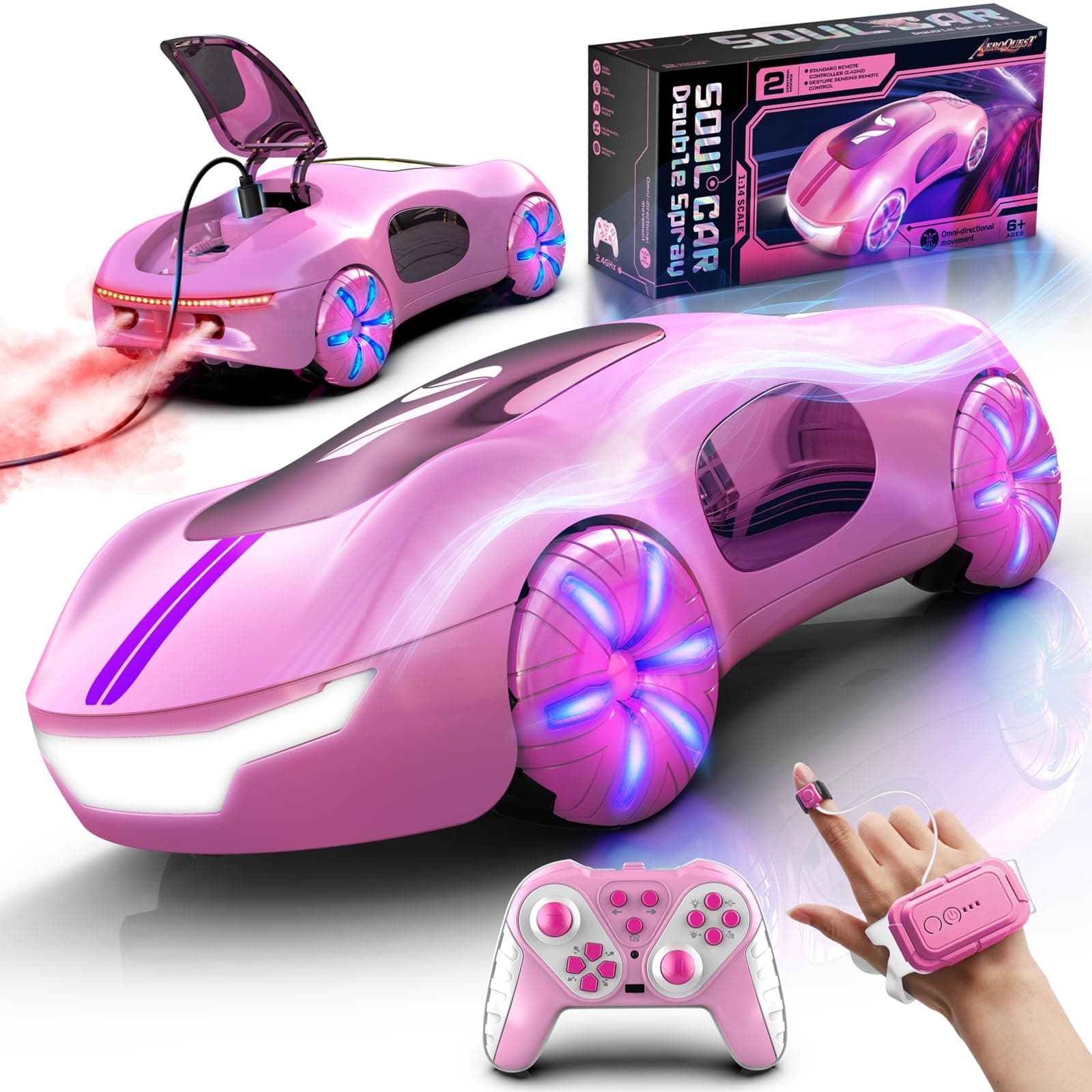 Gesture Sensing Remote Control Car, Drift RC Stunt Car with Light Spray & Sound, 2.4GHz Hobby RC Cars Toy for Kids, 360° Rotate, Birthday Gifts for Boys Girls 6-12(Pink)