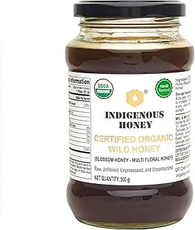 INDIGENOUS HONEY USDA Certified Organic Raw Wild Blossom Honey, Unfiltered Small-Batch Micro-Lot Harvest, Glass Jar, Single-Origin, 17.64 oz