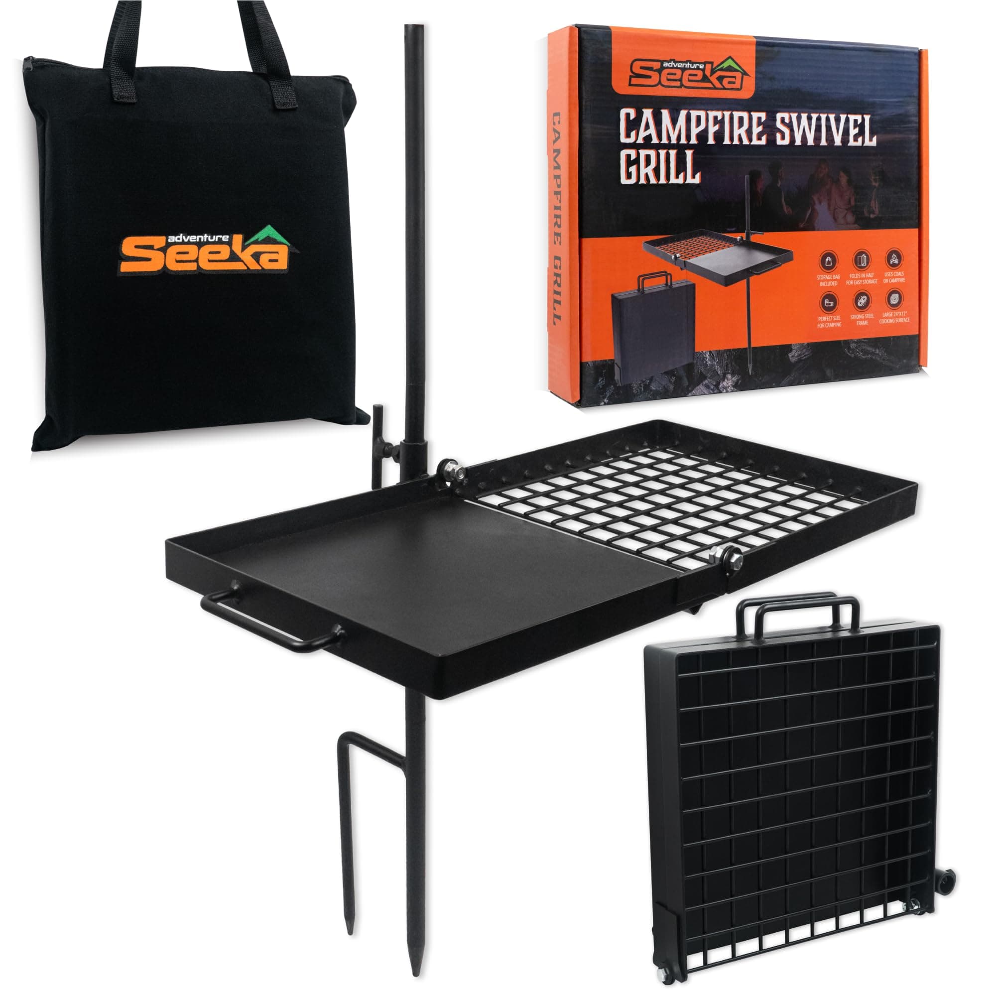 24" Heavy Duty Folding Campfire Grill, Compact Swivel Grill Design, Food-Safe Cooking Surface, Grate & Griddle for Campfire Cooking, Australian Owned