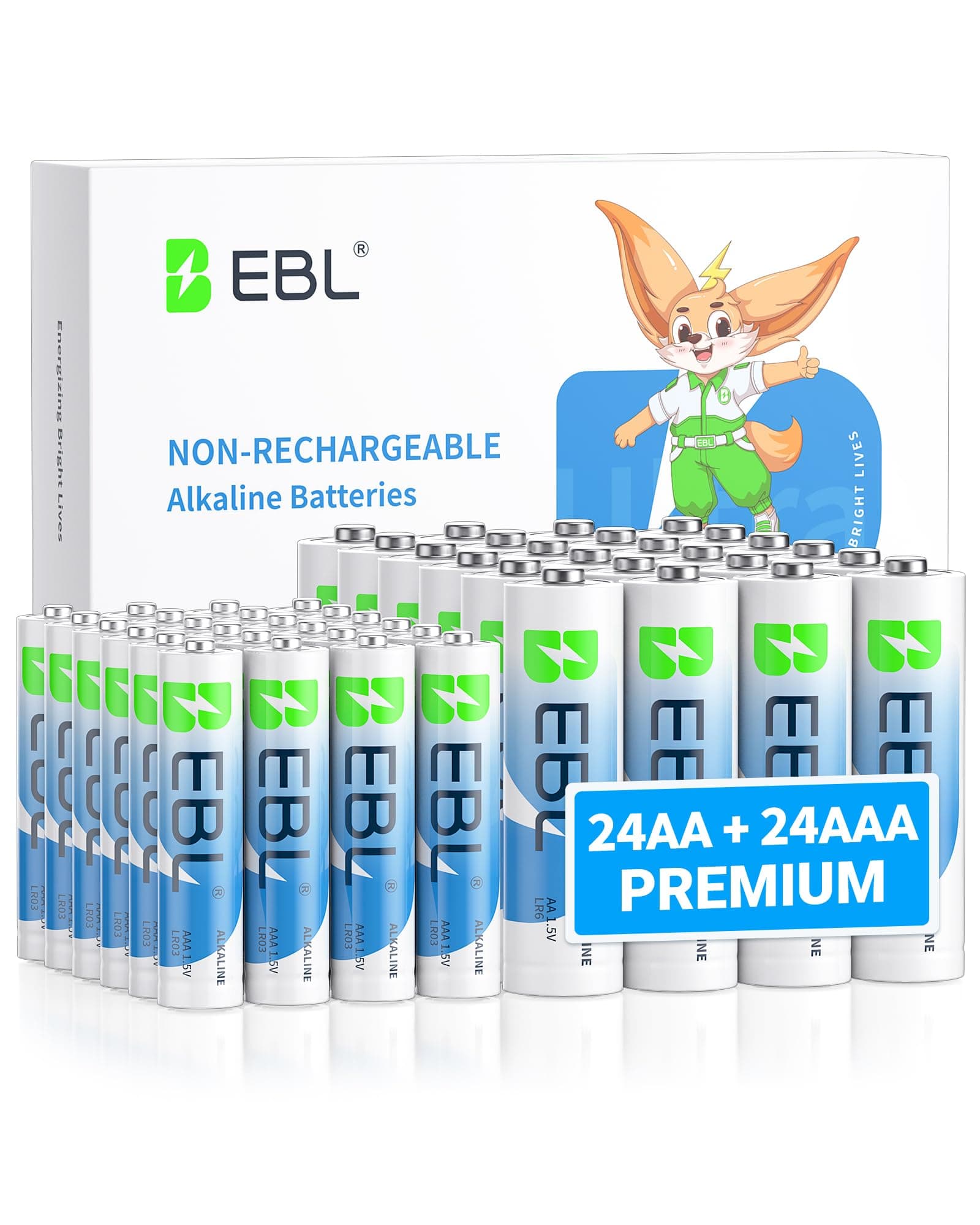 EBL 48-Pack Alkaline AA AAA Batteries, Includes 24 AA and 24 AAA, 1.5V High Performance, Long Shelf Life
