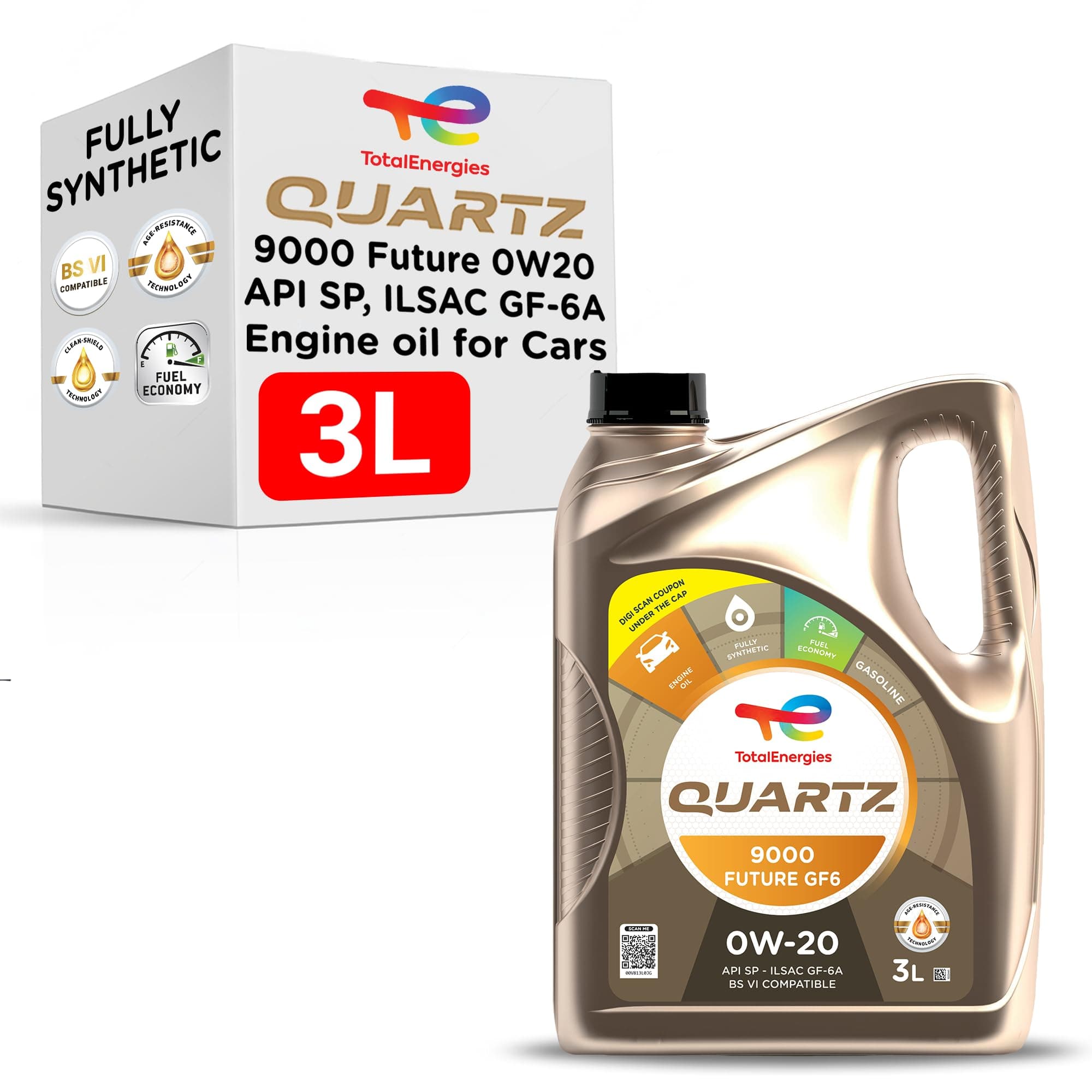 Quartz 9000 Future GF-6 0W-20 API SP ILSAC GF-6A Fully Synthetic Engine Oil for Cars (3L)