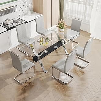 Pvillez Glass Dining Table Set for 6, 7 Piece Dining Room Table Set, 78" Modern Large Glass Kitchen&Dining Room Table w/Silver Metal Legs & Black MDF Crossbars & 6 Light Grey PU Leather Dining Chairs