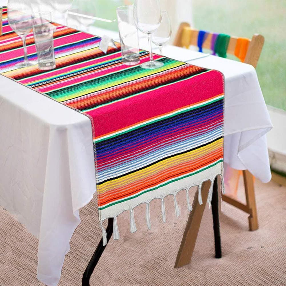Asecinc 2 Pack Mexican Table Runner 14 x 84 Inch Mexican Serape Table Runner for Mexican Party Decorations, Fringe Cotton Table Runner