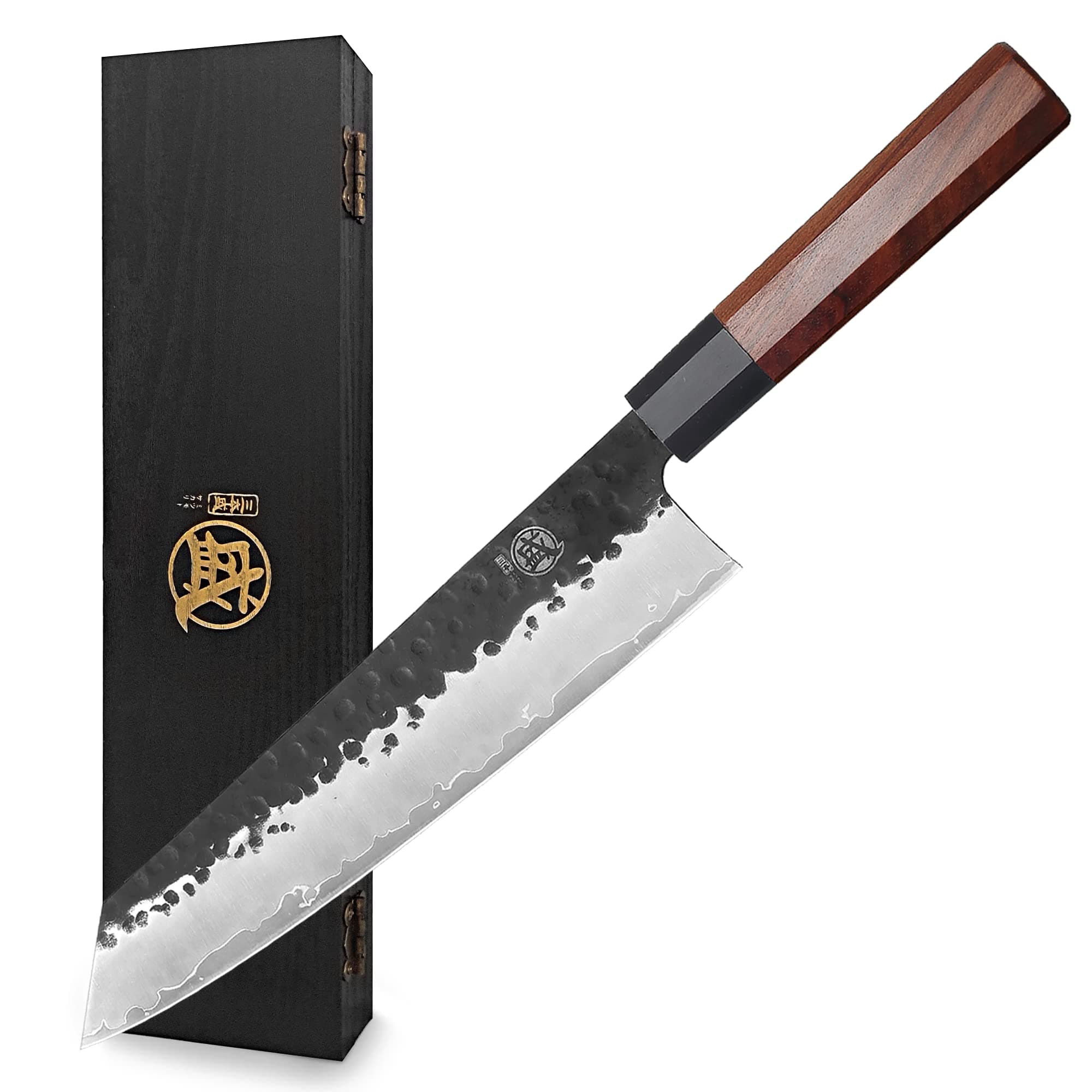 Kiritsuke Chef Knife 9 inch - Hand Forged Japanese Kitchen Knives, 3-Layer 9CR18MOV High Carbon Steel, Rosewood Handle & Sandalwood Box
