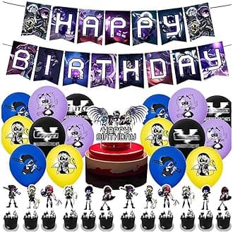 Murders Drones Party Decorations 30pcs | Cyn Uzi N J V Figure Banner, Cake Topper, Balloons, Cupcake Toppers | Murders Drones Birthday Party Accessories Set