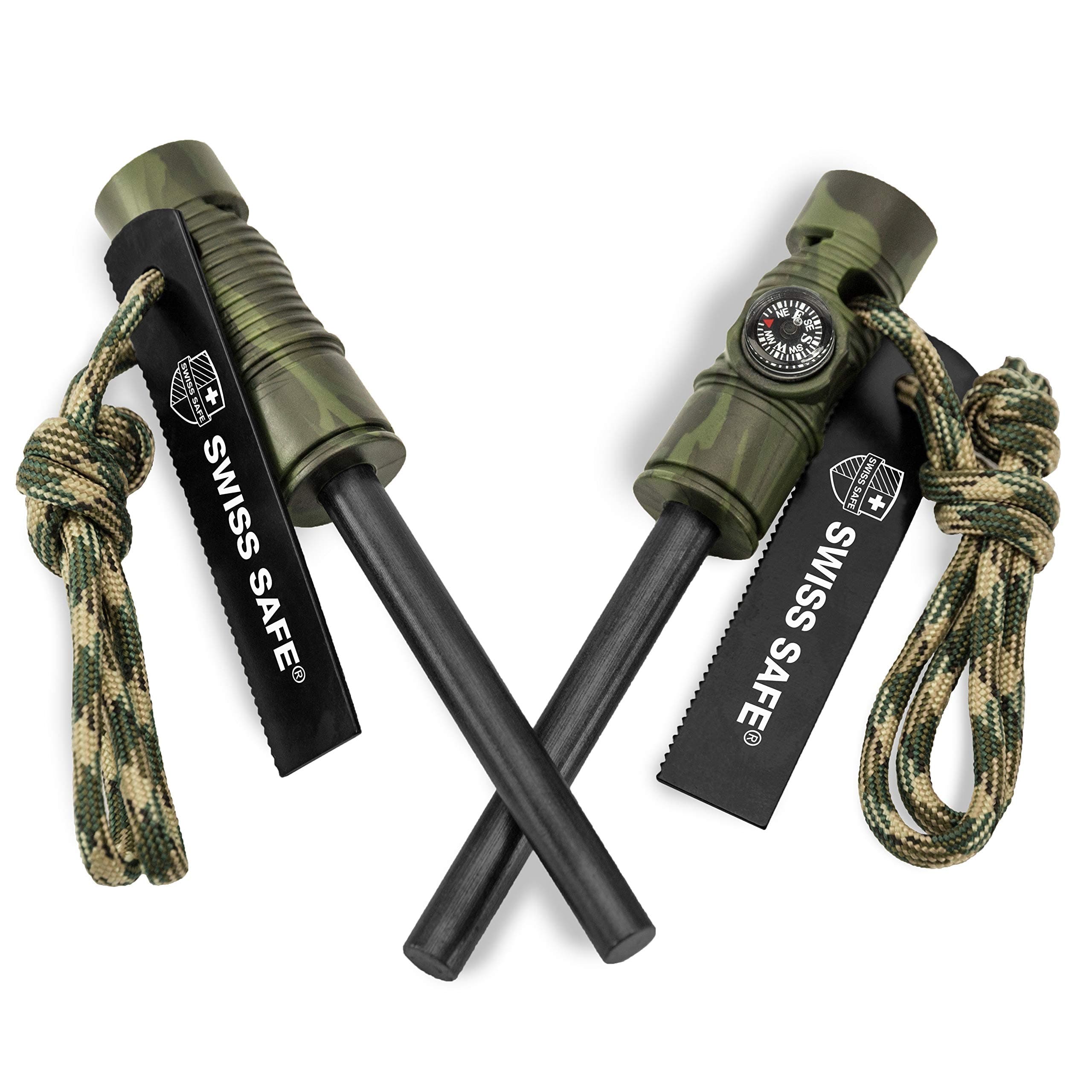 Swiss Safe 5-in-1 Magnesium Ferro Rod Fire Starter Survival Tool - Flint & Steel Striker, Compass, Paracord & Whistle - Emergency Kit for Backpacking, Camping, Hiking - All-Weather - Jungle, 2-Pack