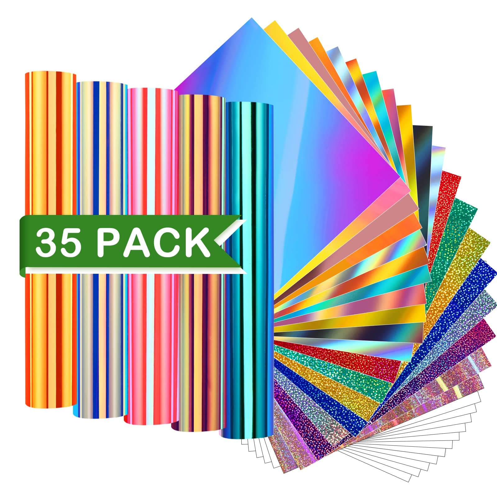 Holographic Permanent Vinyl Adhesive 35 Sheets Bundle-24 Vinyl Sheets 12"x12" & 6 Grid Transfer Paper & 5 Vinyl Layer Ppaer Compatible with All Crafters