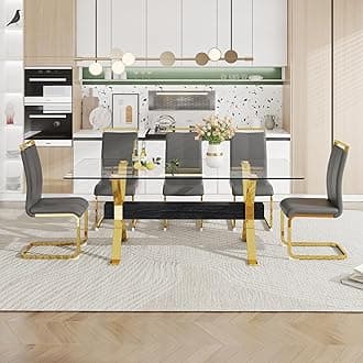Pvillez Glass Dining Table Set for 6, 7 Piece Dining Room Table Set,78" Modern Large Glass Kitchen & Dining Room Table w/Golden Metal Legs & Black MDF Crossbars & 6 Dark Grey PU Leather Dining Chairs
