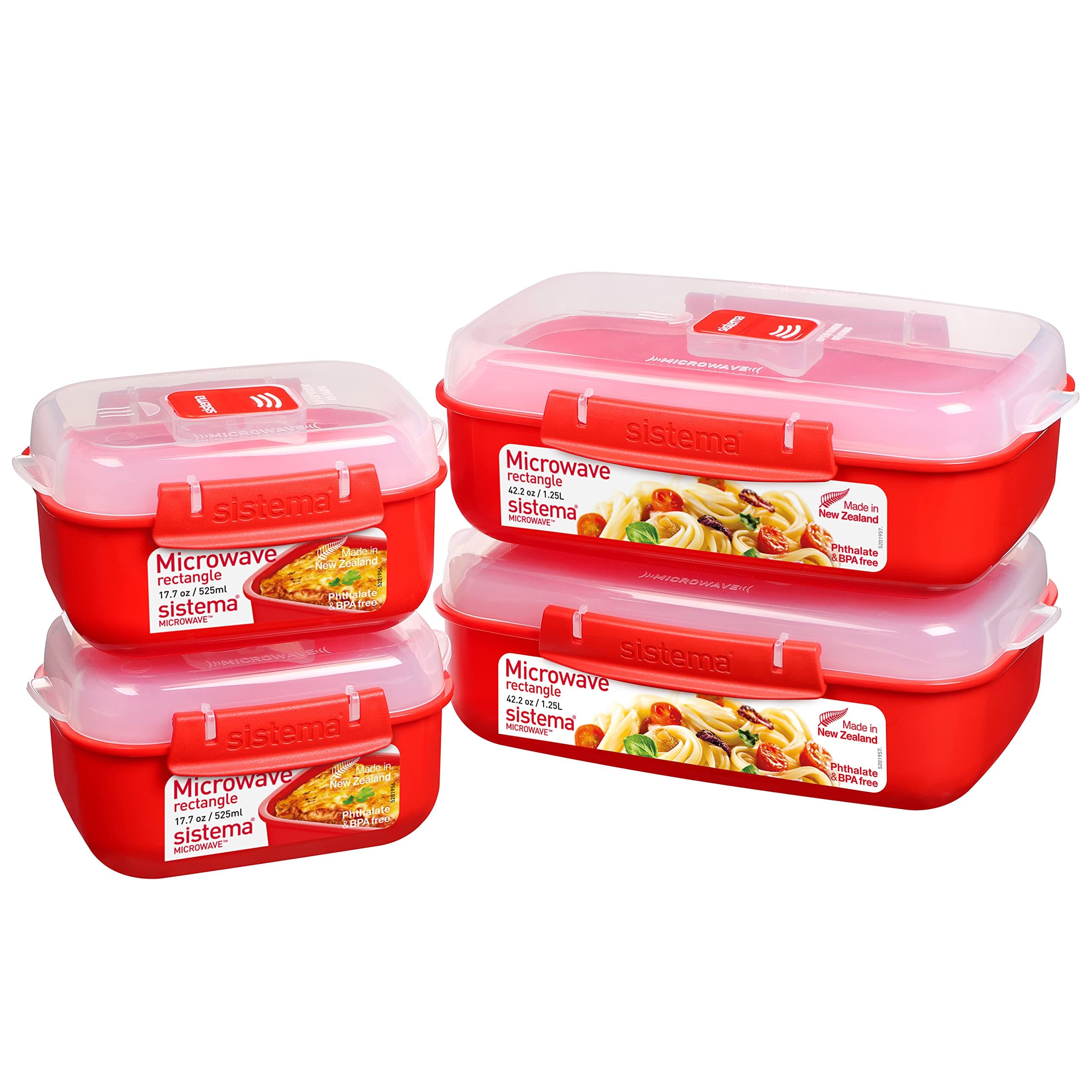 Heat and Eat 4 Rectangular Food Containers with Lids 1.25L + 2X 525ml | Locking Clips & Steam Release Vents | BPA-Free Microwave Set, 2X 1.25 Litre + 2X 525 ml, Red