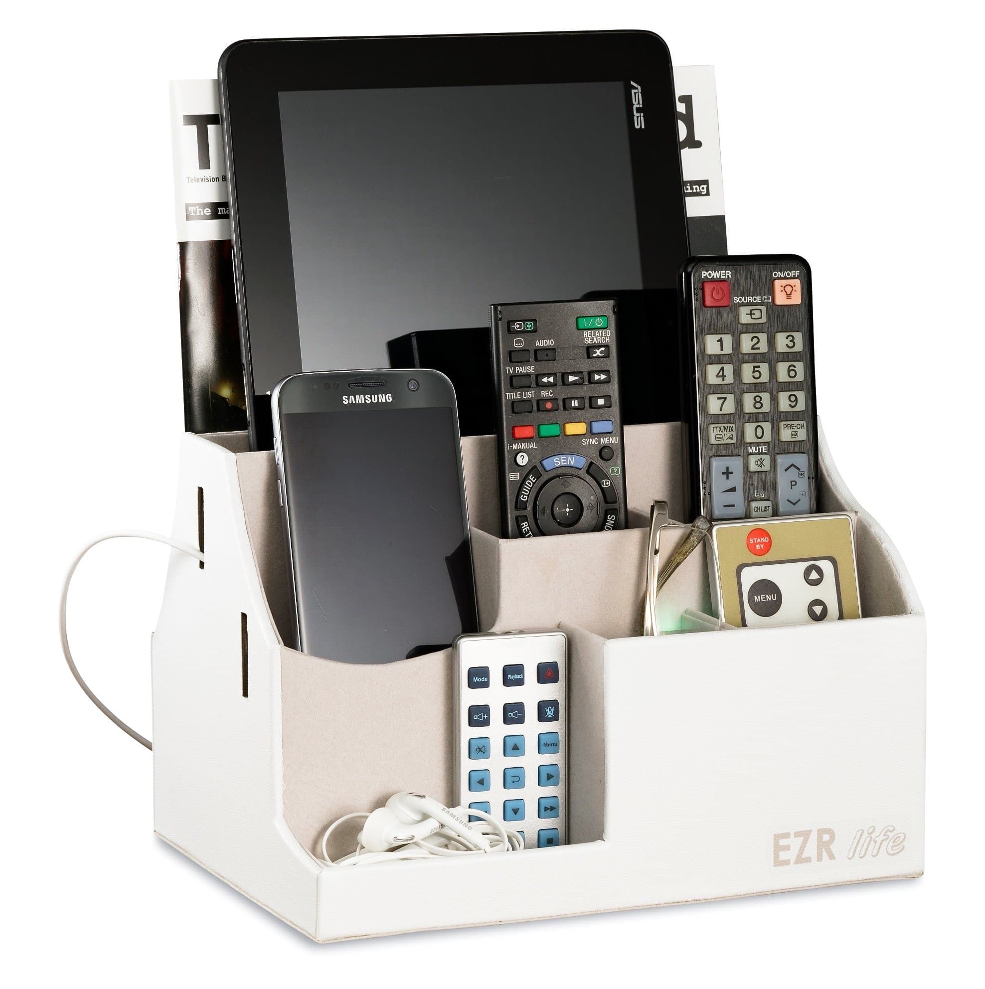 All-in-One Remote Control Holder, Caddy, Organizer - White Leather - Also Holds Phones, Tablets, Books, Glasses (8 compartments, up to 14 remotes)