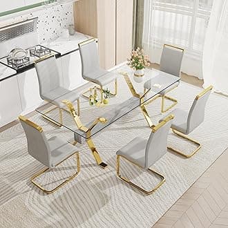 Pvillez Glass Dining Table Set for 6, 7 Piece Dining Room Table Set,78" Modern Large Glass Kitchen & Dining Room Table w/Golden Metal Legs & Grey MDF Crossbars &6 Light Grey PU Leather Dining Chairs