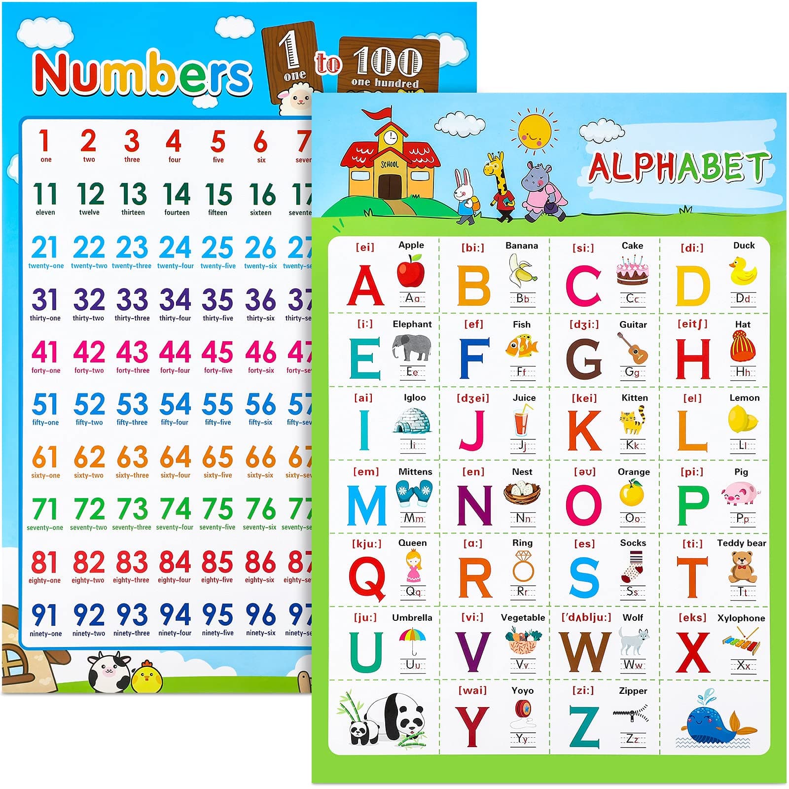 2 Pieces Educational Poster Laminated Wall Learning Chart Number and Alphabet Posters for Kids Toddlers Kindergarten Preschool Family Education, Classroom Decoration (Classic Style)