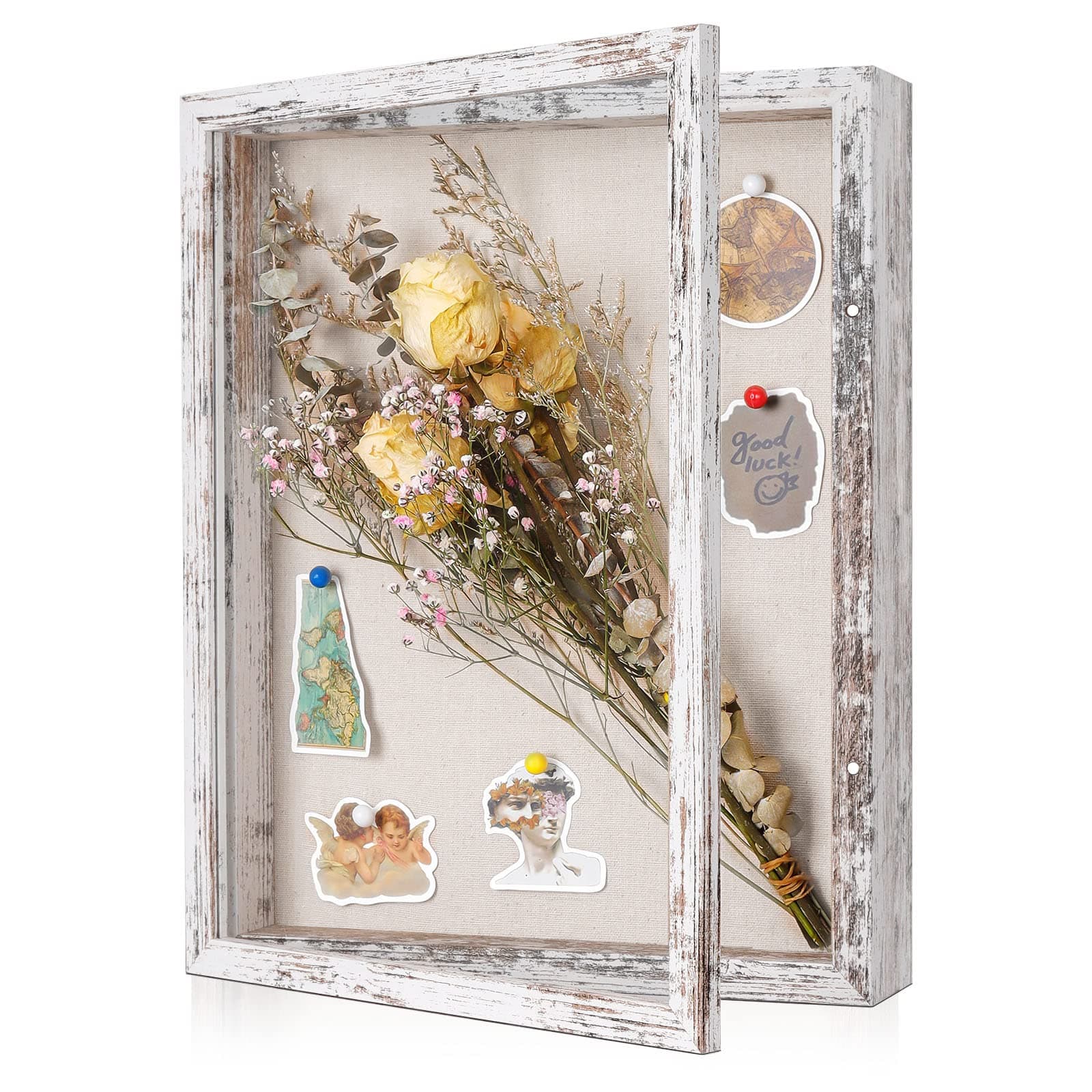 Califortree 11x14 Shadow Box Frame with Linen Back - Sturdy Rustic Memory Display Case of Flower, Pictures, Medals and More, Distressed White
