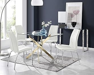 Furniturebox UK Leonardo Clear Rectangular Tempered Glass and Gold Intwined Leg 4 Seater Kitchen Dining Table & 4 White Faux Leather Silver Chrome Leg Isco Dining Chairs