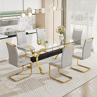 Pvillez Glass Dining Table Set for 6, 7 Piece Dining Room Table Set,78" Modern Large Glass Kitchen & Dining Room Table w/Golden Metal Legs & Black MDF Crossbars &6 Light Grey PU Leather Dining Chairs