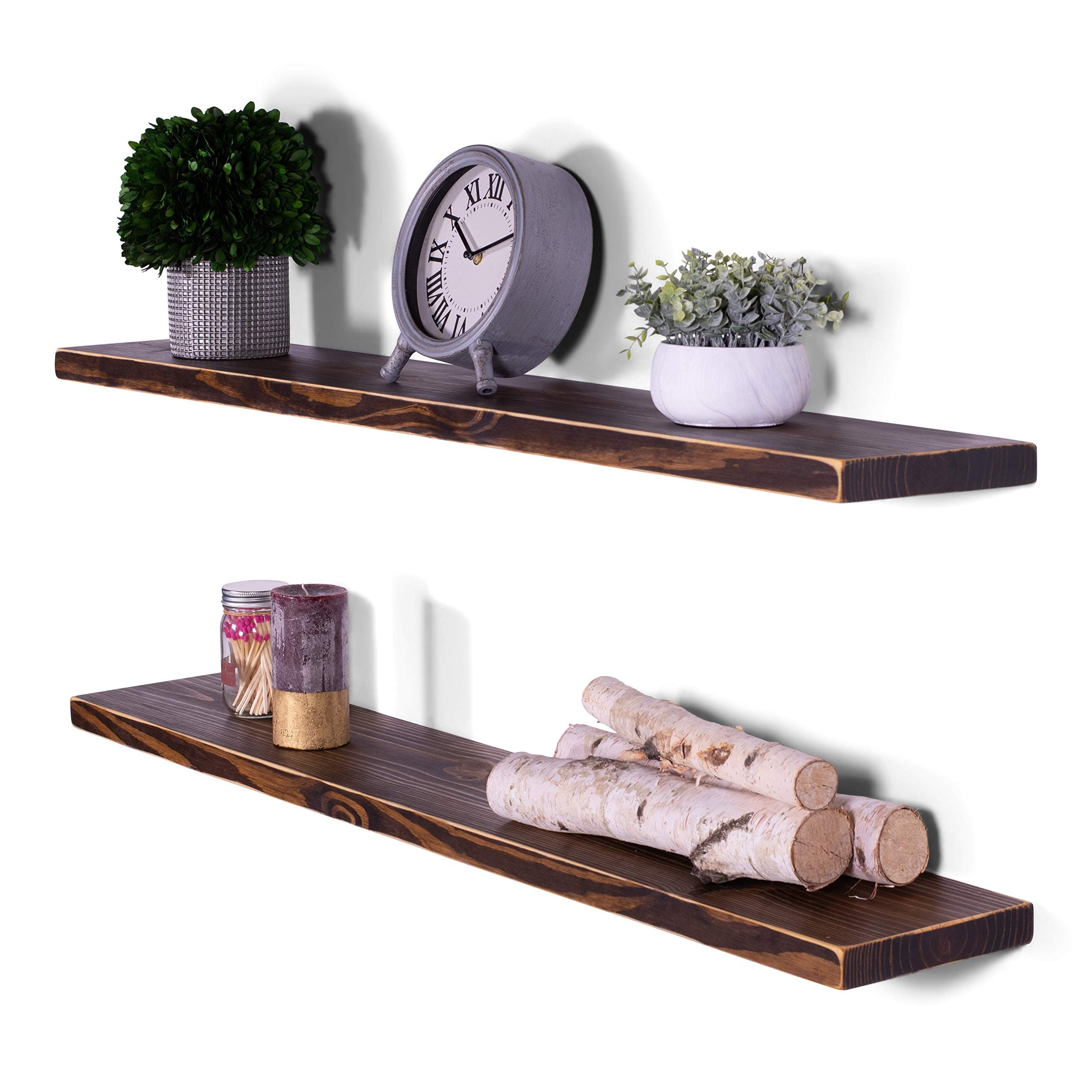 DAKODA LOVE 48" x 8" Weathered Edge Solid Wood Floating Shelves | Premium Handmade Quality | Easy Hidden Bracket Wall Mount | Farmhouse Rustic Pine | Set of 2 (Espresso)