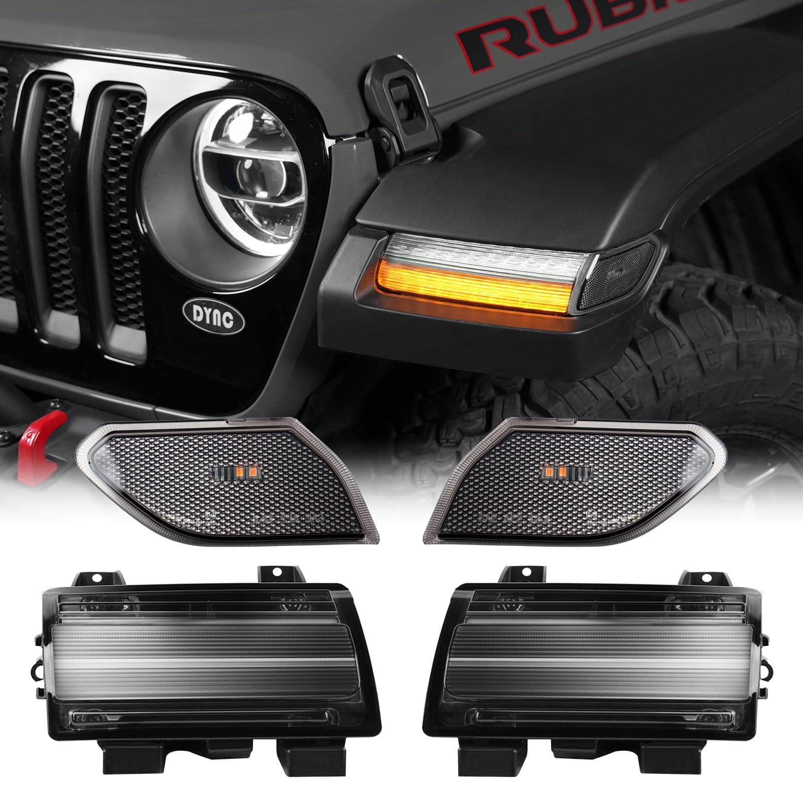 Sequential Flashing Turn Signal Lamp & Side Marker Light Set for Jeep Wrangler JL 2018-2023 & 20+ Gladiator JT OE Dula Halogen Bulbs with DRL, Smoke Lens(Not Fit JL Sport, JLU & Willys)