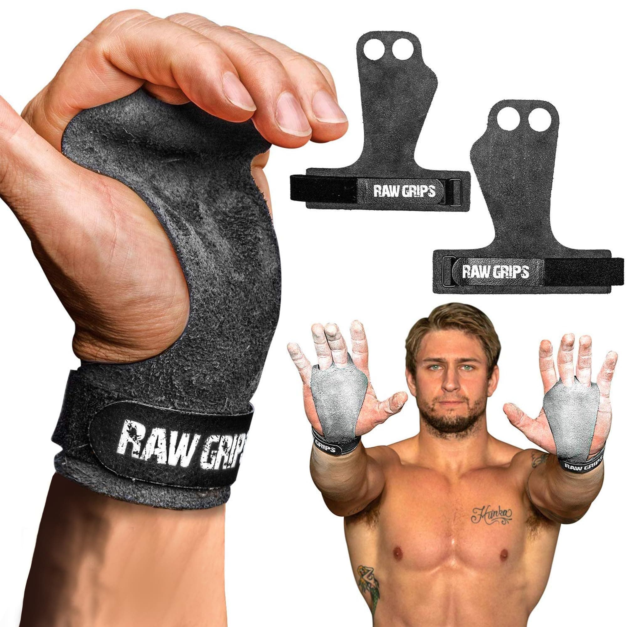 JerkFit Raw Grips 2 Finger Leather Hand Grips For Gymnastics & Cross Training Full Palm Protection 4 Wods,Weightlifting,Calisthenics, Pull Ups Prevents Rips & Blisters