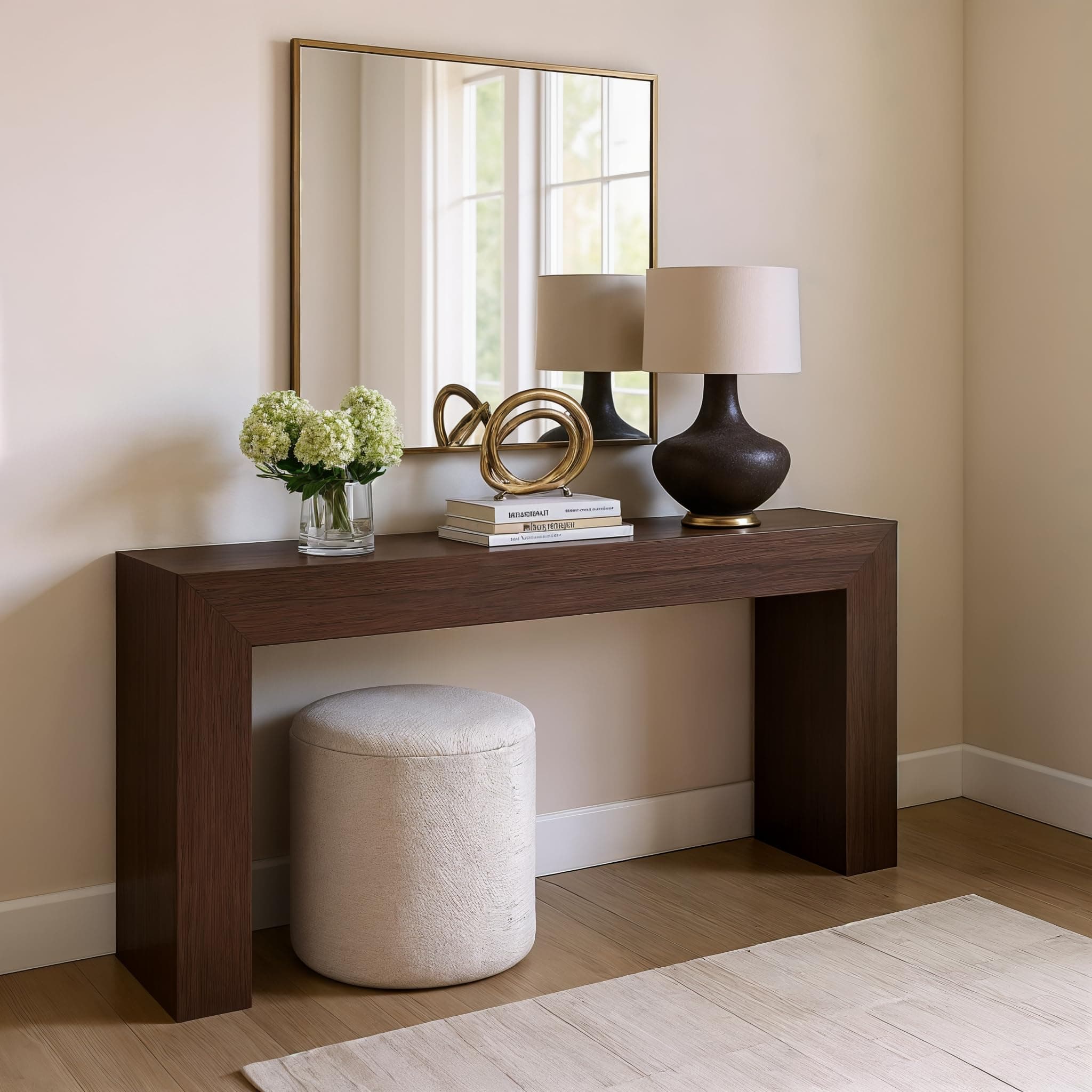 Plank+Beam Grand Console Table, 66 Inch Modern Solid Wood Sofa Table, Narrow Entryway Table for Hallway, Behind The Couch, Living Room, Foyer, Walnut Wirebrush