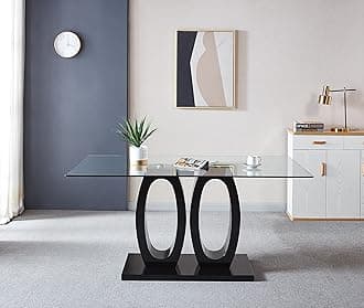 Modern Rectangular Glass Dining Table, Glass Kitchen Table with Clear Tempered Glass Top & Dual Black O-Shaped Base Pedestal, Modern Dining Table for Dining Room Living Room (Black2)
