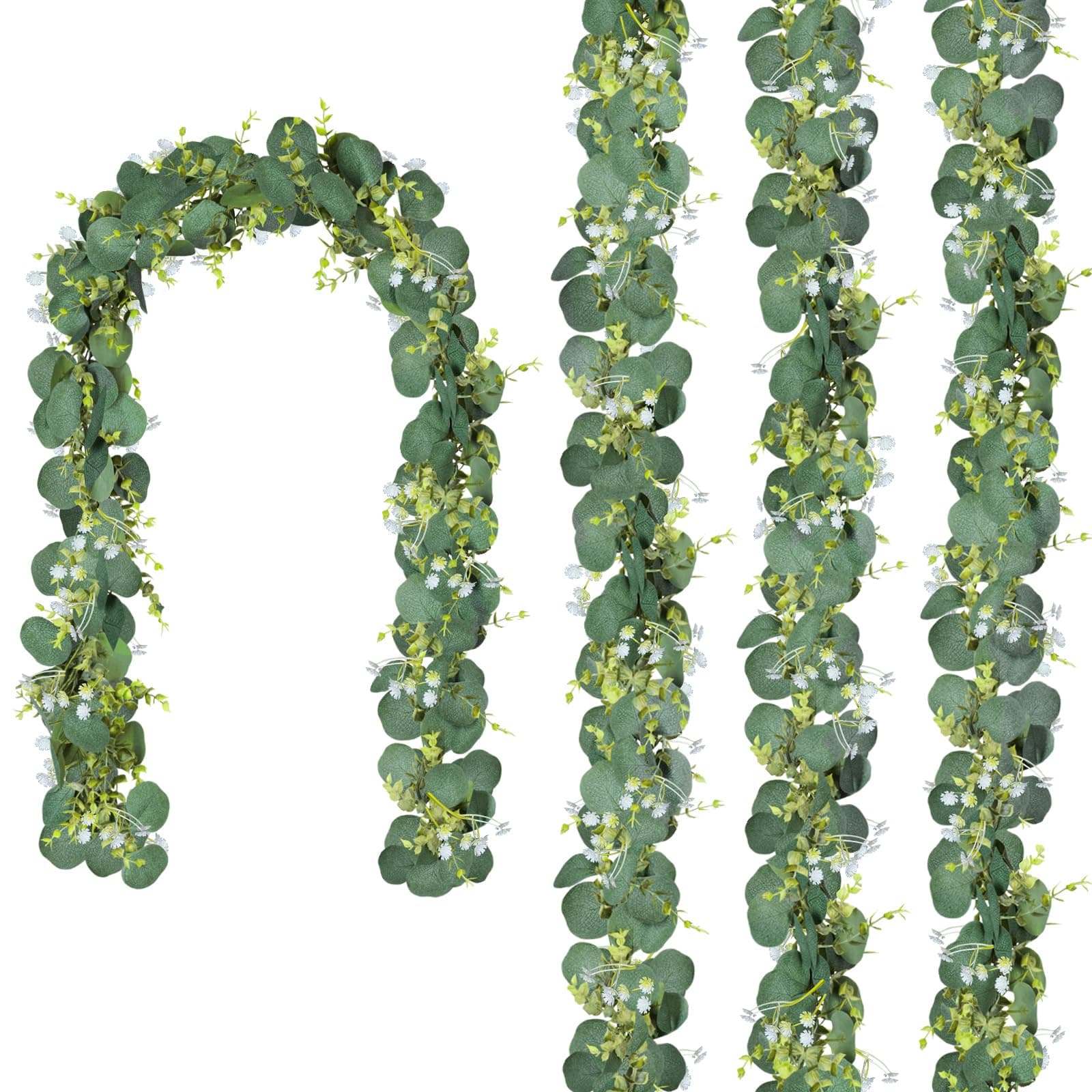 CQURE 4Pcs Eucalyptus Garland,Artificial Eucalyptus Leaves Table Greenery Garland Wreath Vines for Wedding Party Table Fireplace Bedroom Wall Room Decor