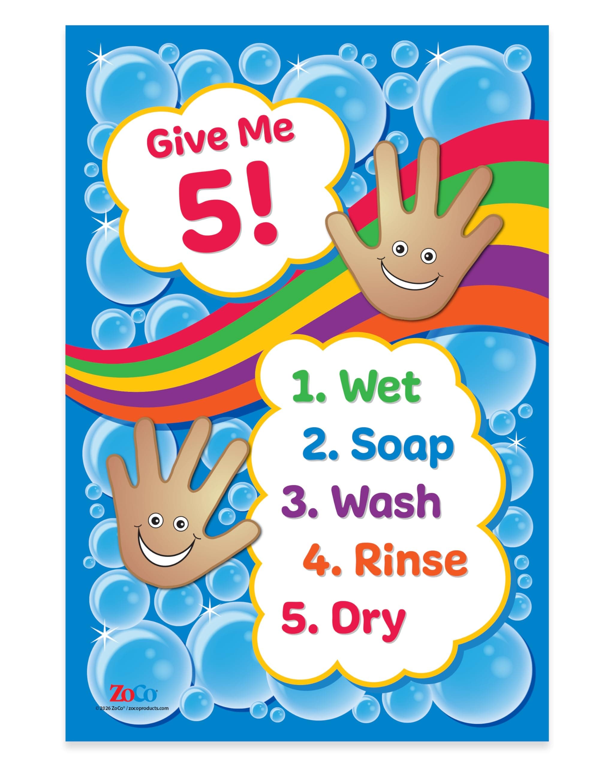 Safety Magnets ZOCO – Give Me 5 Handwashing Poster – Wash Your Hands Sign for Kids – Laminated 12x18 – Preschool, Daycare, School Nurse & Classroom Bathroom Decor
