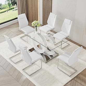 7 Piece Dining Table Set,Glass Dining Table Set for 6,Modern Dining Table and Faux Leather Padded Seats for Kitchens, Living Rooms, Bedrooms (White Table-White Chair B-6)
