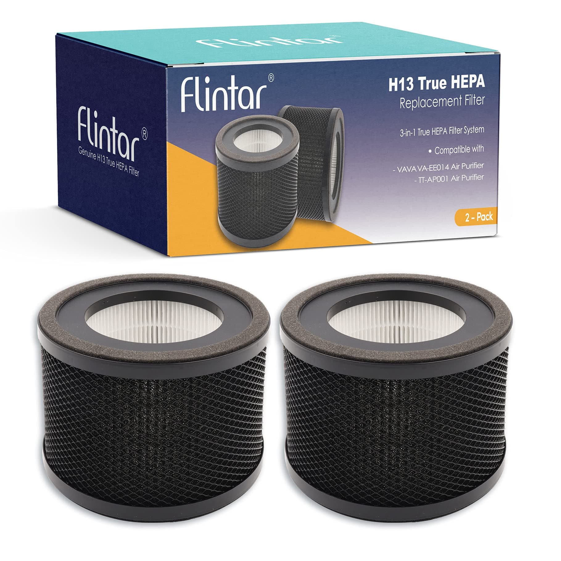 Flintar TT-AP001 Replacement Filter, Compatible with TaoTronics TT-AP001 Air Purifier and VAVA VA-EE014 Air Purifier, 3-in-1 H13 Grade Filtration and Activated Carbon Filter Set, 2-Pack