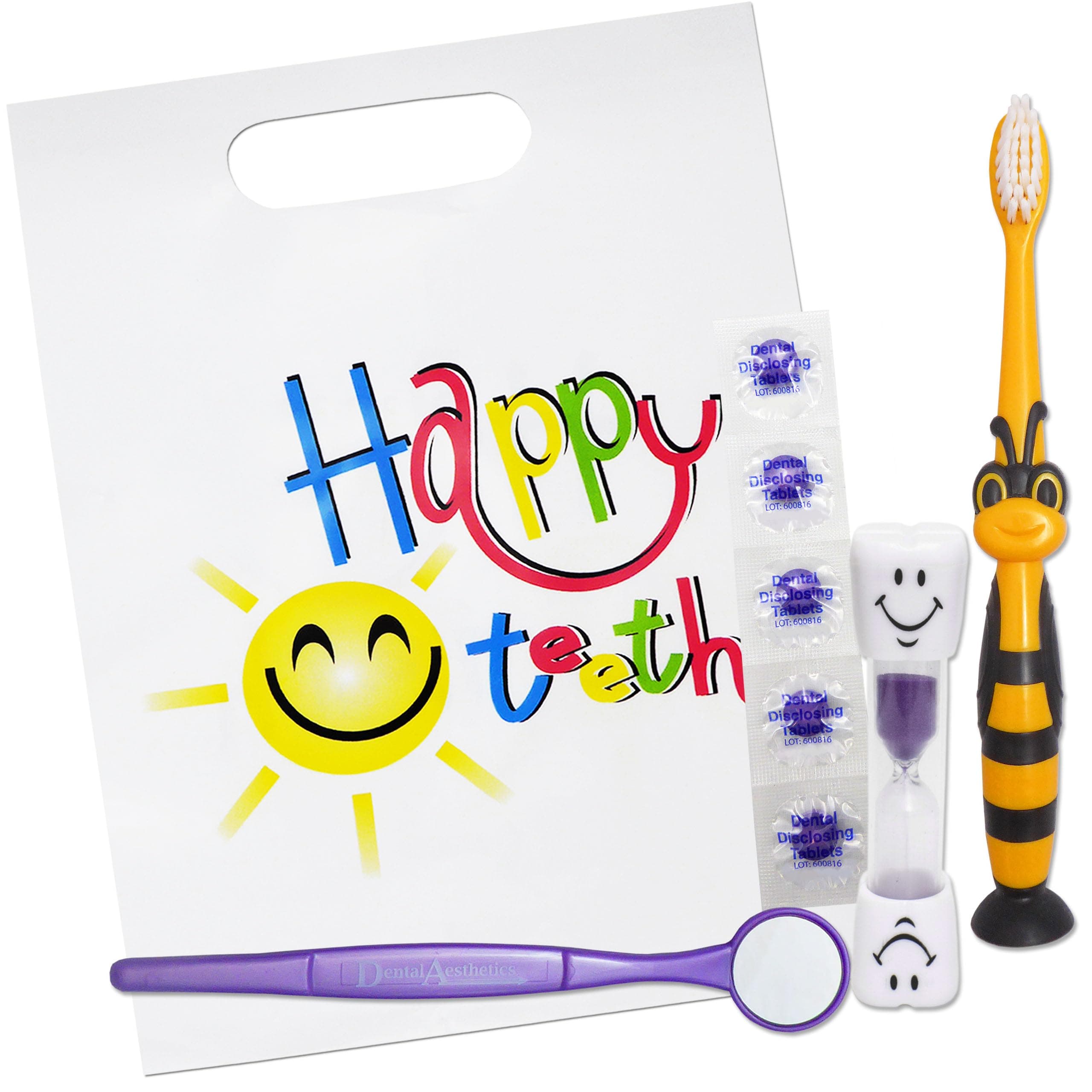 Happy Teeth Gift Bag ~ Childrens Toothbrush, Timer, Disclosing Tablets & Mirror (Purple)