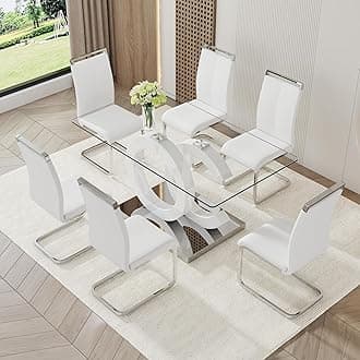 7 Piece Dining Table Set,Glass Dining Table Set for 6,Modern Dining Table and Faux Leather Padded Seats for Kitchens, Living Rooms, Bedrooms (White Table -White Chair A-6)
