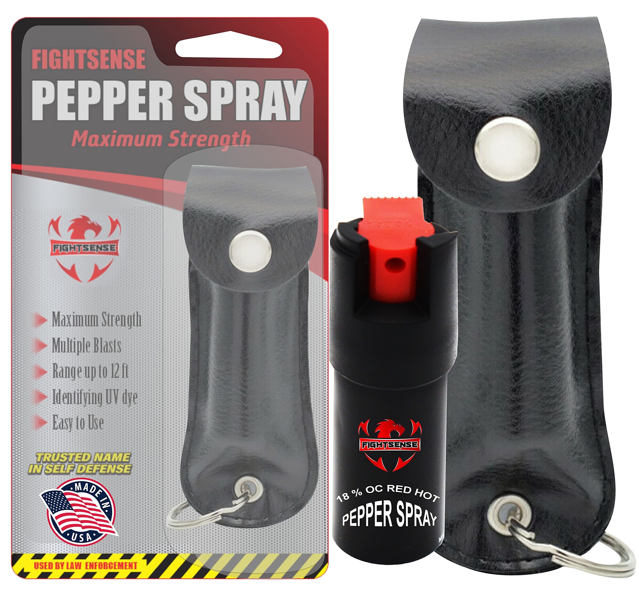 FIGHTSENSE Self Defense Pepper Spray - 1/2 oz Compact Size Maximum Strength Police Grade Formula Best Self Defense Tool for Women W/Leather Pouch Keychain