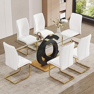 7 Piece Dining Table Set,Glass Dining Table Set for 6,Modern Dining Table and Faux Leather Padded Seats for Kitchens, Living Rooms, Bedrooms