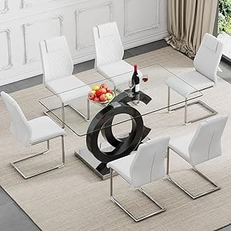 7 Piece Dining Table Set,Glass Dining Table Set for 6,Modern Dining Table and Faux Leather Padded Seats for Kitchens, Living Rooms, Bedrooms (Silver Table-White Chair A-6)