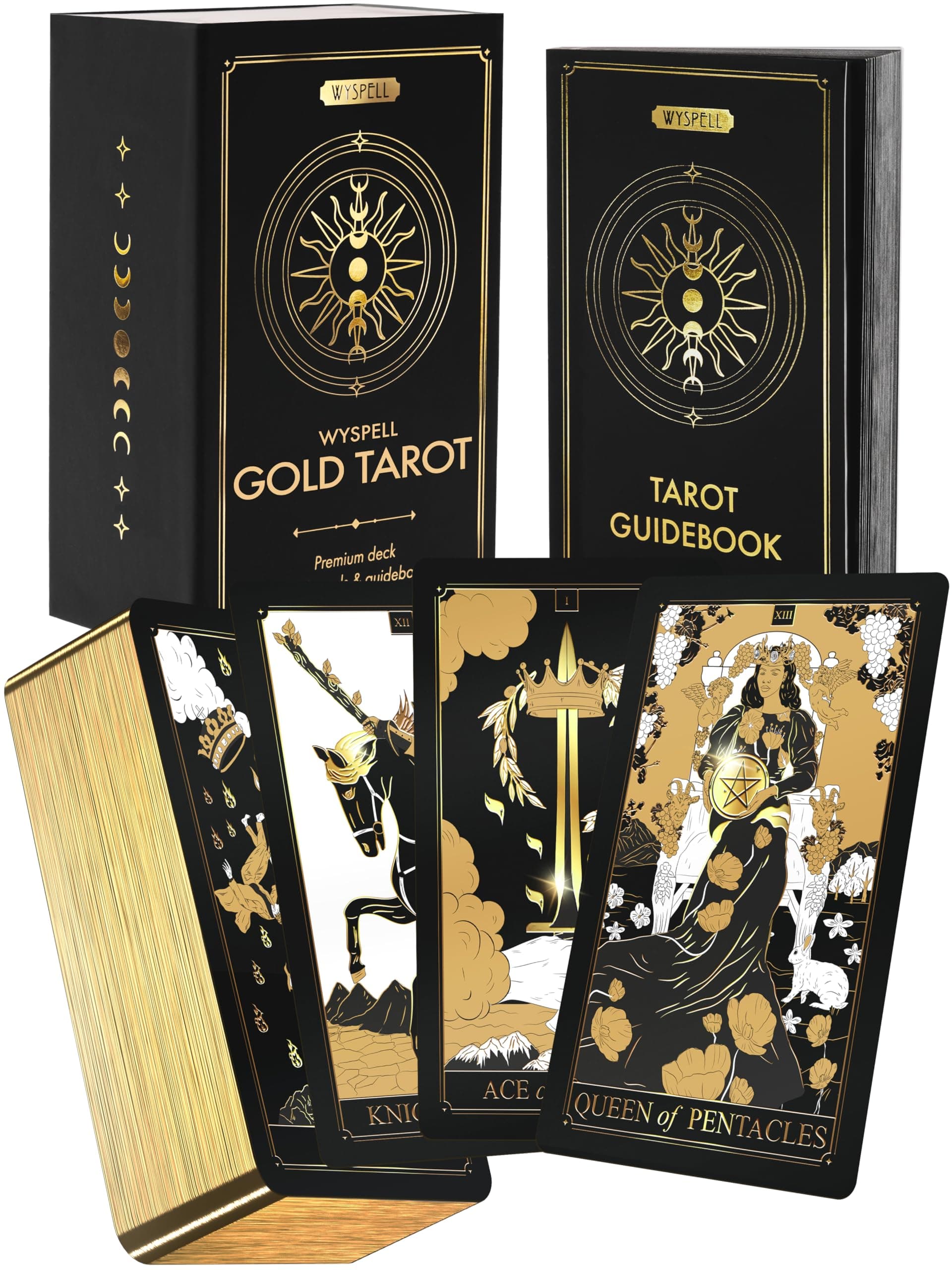 Wyspell Gold Tarot Cards with Guide Book - 78-Card Unique Tarot Deck for Beginners - Gilded Edges & Gold Foil Design - Classic Traditional Tarot Deck
