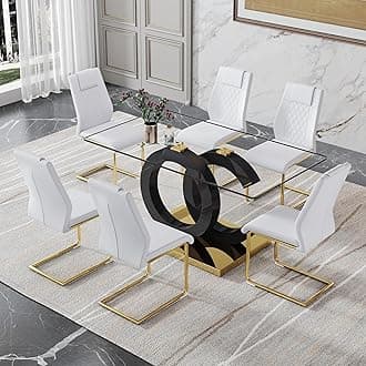7 Piece Dining Table Set,Glass Dining Table Set for 6,Modern Dining Table and Faux Leather Padded Seats for Kitchens, Living Rooms, Bedrooms (Black&Gold Table-White Chair-6)